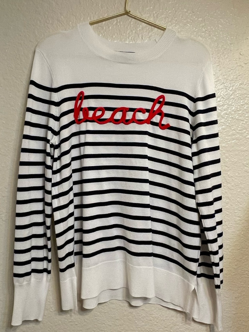 Marled White & Black Striped 'Beach' Pullover Sweater with Red Script
